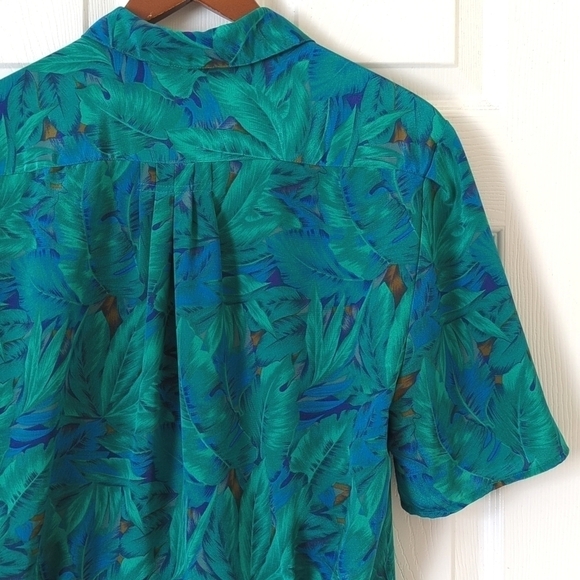 Leslie Fay 80's Vintage Banana Leaf Silky Short Sleeve Button Down Peplum Blouse - Picture 11 of 11
